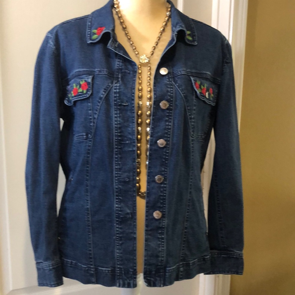 Vintage Blue Jean Jacket With Embroidered Flowers